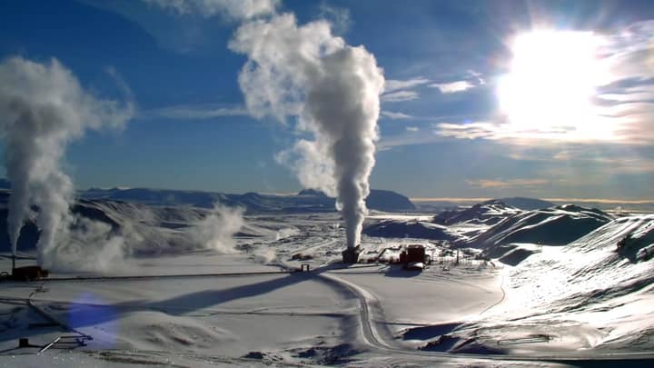 The method of converting the heat rising from the depths of the molten core of the earth known as geothermal.